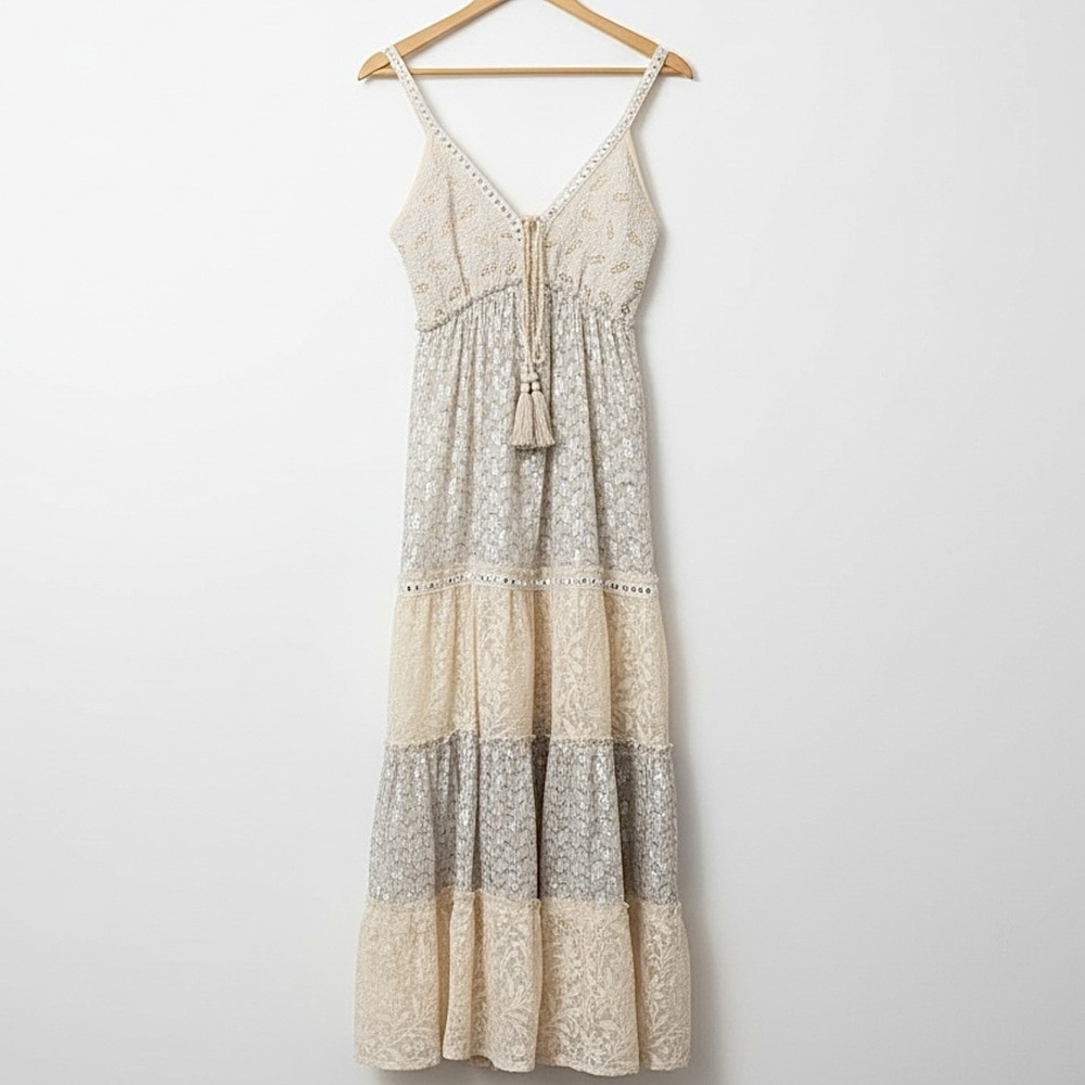 Papa Pia Iris Tiered Cotton Boho Maxi Dress Beaded Lace Metallic Foil